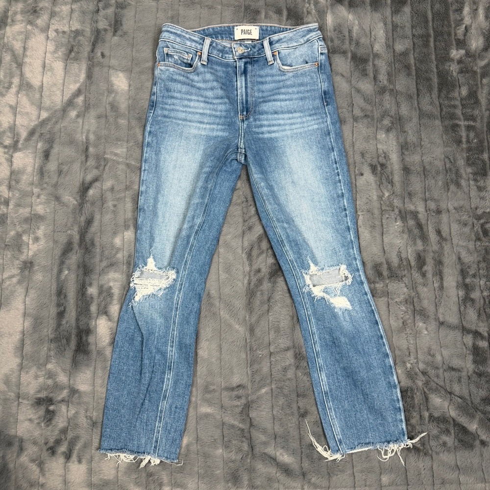 PAIGE Hoxton Crop High Rise Distressed Raw Hem Jeans Medium Wash Womens 27